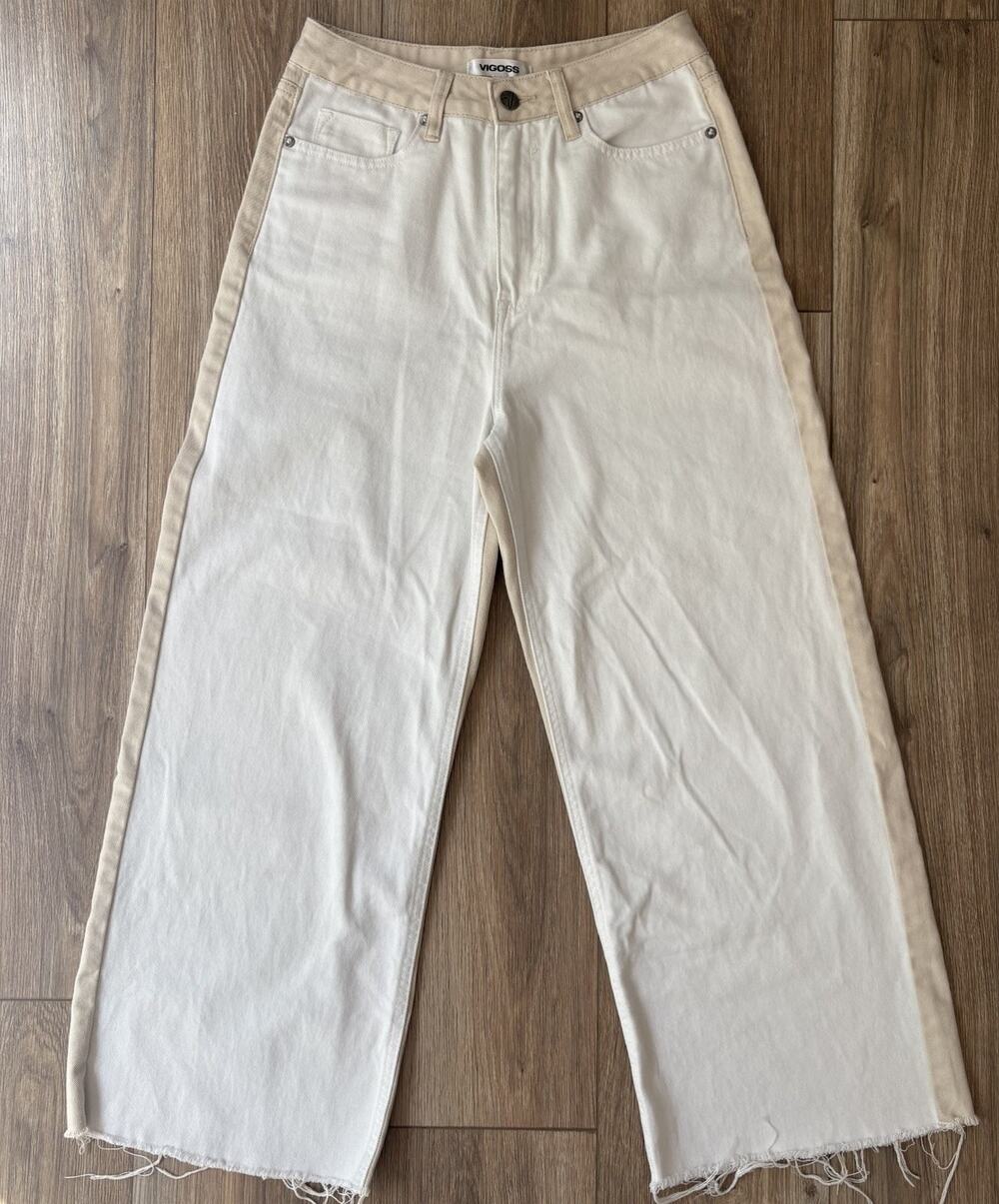 Vigoss High Rise Wide Leg Jeans White Tan Raw Hem Denim Women Sz 27